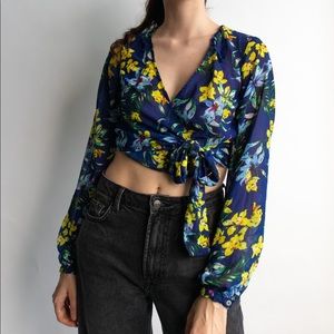Blue Floral Silky Wrap Shirt